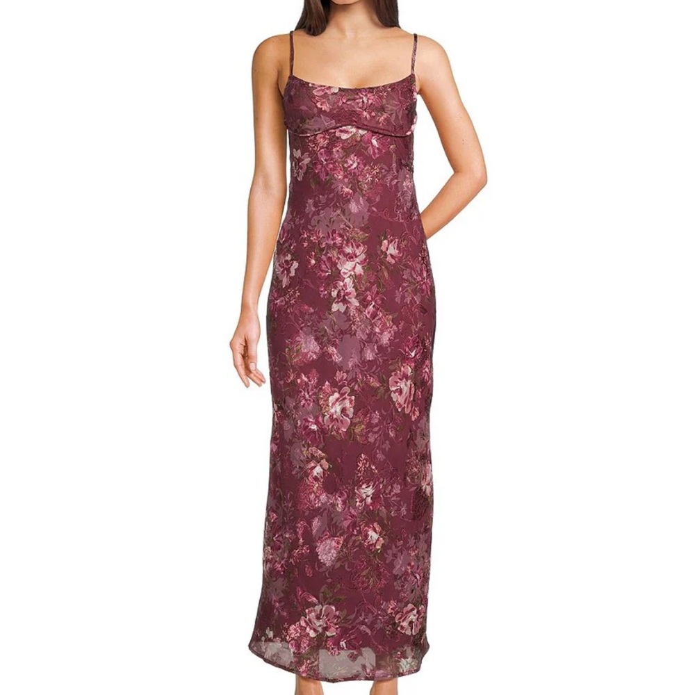 Burgundy Floral Mesh Lace Lined Maxi Dress with Spaghetti-Straps and Cut Out